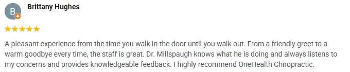 A 5-start Google review of OneHealth Chiropractic praising a very pleasant experience