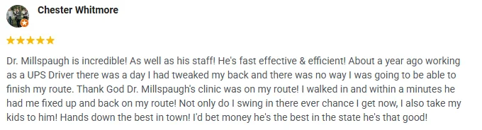 A 5-start Google review of OneHealth Chiropractic praising Dr. Millspaugh's effective and efficient care