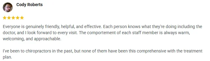 A 5-start Google review of OneHealth Chiropractic praising the friendly, helpful, and effective care