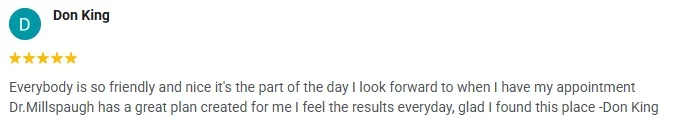 A 5-start Google review of OneHealth Chiropractic praising the great care plan and results