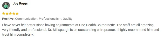 A 5-start Google review of OneHealth Chiropractic praising communication, professionalism, and quality care