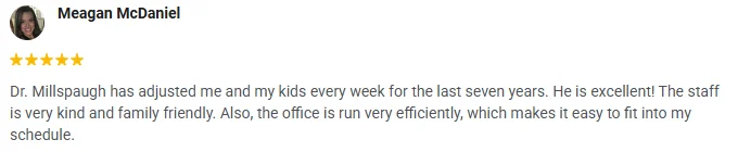 A 5-start Google review of OneHealth Chiropractic praising the kind and family-friendly staff